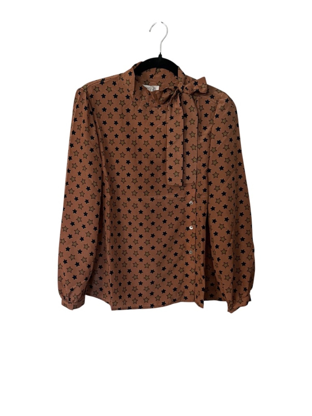 Tulip B Women’s Brown Tie Mock Neck  Star-Print Long Sleeve Blouse Sz M NWT
